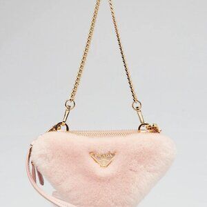 Prada Orchidea Shearling/Saffiano Leather Triangle Mini Pouch Crossbody Clutc...